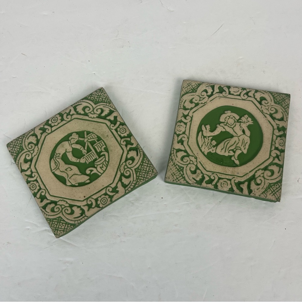 Monrovian Pottery & Tile works PA -vintage repro in green & cream-2pc